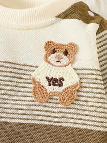 SHEIN Autumn New Arrival Newborn Baby Striped Contrast Color Top, Cute Bear Embroidery Soft & Comfy Shoulder Button Casual Baby Clothes Fall Winter