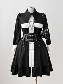 Sunspun 大码连衣裙时尚朋克深色衬衫领黑白撞色腰长袖短裙交叉衬衫裙哥特式连衣裙 - 黑與白 - 查看 6