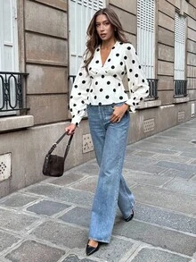 Pariaura Autumn And Winter French Fashion Casual Commuting Black Polka Dot Print Chest Split Design V-Neck Lantern Long Sleeves Closed Going Out Top Fall For Women Autumn Chic Social Going Out - Apricot - View 6