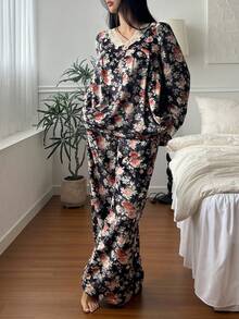 DAZY Ensemble de pyjama pour femmes avec imprimé floral, garniture en dentelle et manches bouffantes en polaire. Vêtements d'automne et d'hiver - Noir - Voir 7