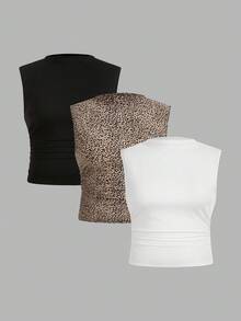 Auralis Bộ 3 áo tank top mùa hè cơ bản màu trơn, dáng ôm, cỡ lớn, cổ đứng nhỏ và có chi tiết xếp ly. - Nhiều màu - Xem 2