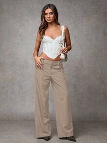 SHEIN BAE Quần ống rộng đơn giản, họa tiết sọc xanh navy cạp thấp dành cho nữ/Dạo phố/Đa năng, đi chơi/công sở - Màu Khaki - Xem 3
