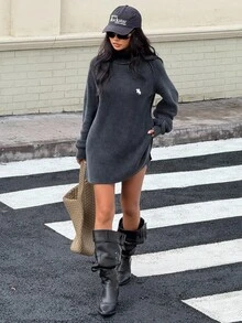 Muchica 女士休闲黑色刺绣高领毛衣，秋冬 - 黑色 - 查看 3