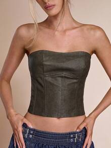 SHEIN BAE Áo crop top cổ điển, thời trang và gợi cảm, mùa hè - màu nâu - Xem 4