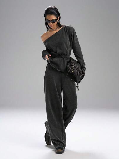 LYSMO 秋季女士休闲斜肩上衣和裤子两件套