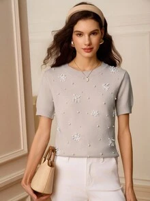 Omancia Women's Beaded Embroidered 3D Floral Casual Gentle Knit Short Sleeve Top, Suitable For Christmas, New Year, Thanksgiving, Halloween, Autumn/Winter