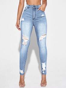 SHEIN PETITE Women's High Waist Pocket Distressed Slim Fit Casual Jeans, Blue