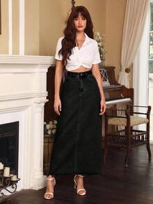 Selenza Women's High Waist Pocketed Long Casual Denim Midi Skirt - Black - View 7