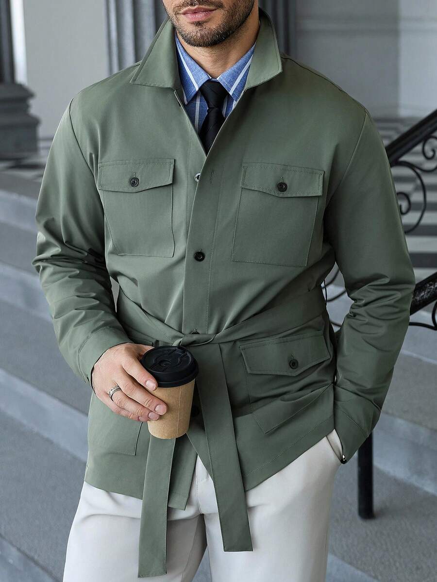 Manfinity CasualCool Men's Solid Color Front Button Casual Loose Design Green Trench Coat, Fall