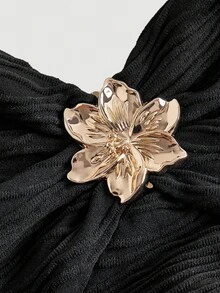 SHEIN MOD 度假吊带 V 领花卉金属扣针织纹理修身女士套装 - 黑色 - 查看 4