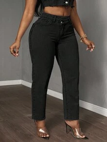 Slaydiva 大码女式不对称腰部口袋休闲锥形牛仔裤 - 黑色 - 查看 6