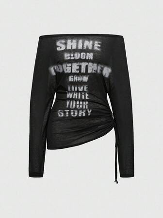 EDITION T-shirt à manches longues et épaules dénudées avec imprimé croix et lettres pour femmes, style romantique punk