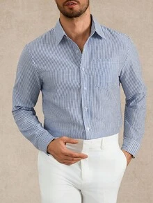 Calvornis 男士休闲条纹长袖纽扣衬衫，秋冬款，适合秋季，老款风格 - 藍色 - 查看 3