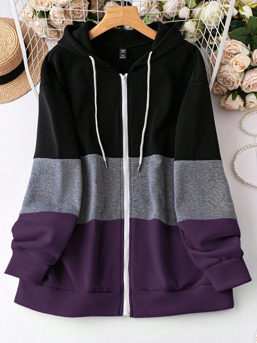 EMERY ROSE 女式加大码撞色抽绳运动衫 加大码连帽衫 女式拉链连帽衫 - 彩色 - 查看 1