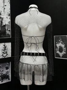 SHEIN Unity Women's Rhinestone Fishnet Mini Skirt, Sexy Hollow Out Ruffle Hem, Suitable For Holiday Party - Black - View 2