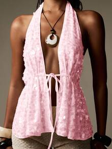 MISSGUIDED Áo hai dây cổ yếm đính sequin lấp lánh, cổ chữ V, hở lưng, dây buộc điều chỉnh được, thích hợp cho tiệc tùng, câu lạc bộ, đi chơi đêm, lễ hội mùa hè, đi biển, nghỉ mát. - Hồng - Xem 1