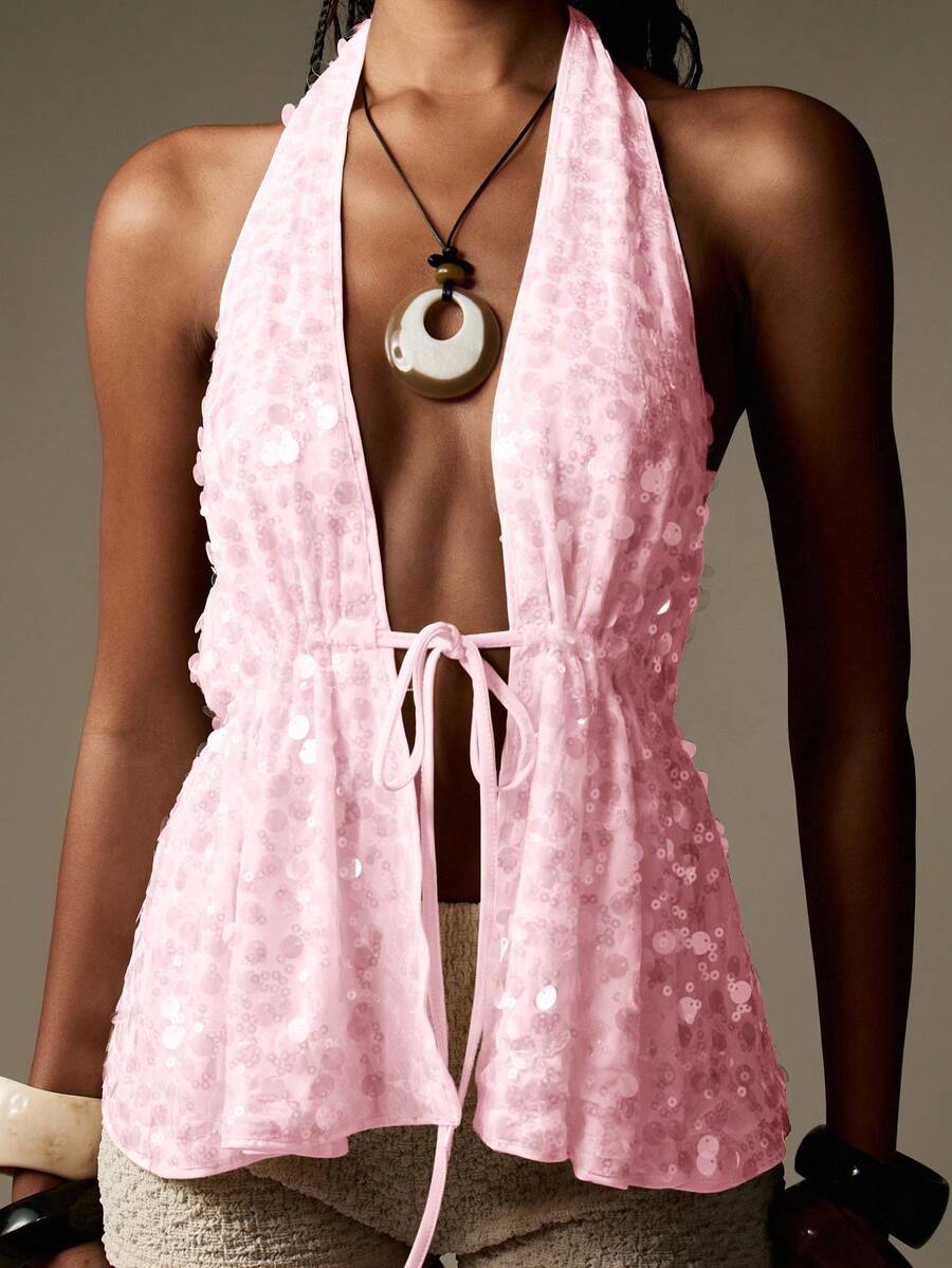 MISSGUIDED Áo hai dây cổ yếm đính sequin lấp lánh, cổ chữ V, hở lưng, dây buộc điều chỉnh được, thích hợp cho tiệc tùng, câu lạc bộ, đi chơi đêm, lễ hội mùa hè, đi biển, nghỉ mát. - Hồng - Xem 1