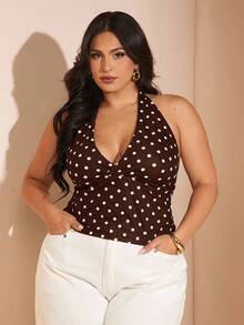 SHEIN BAE Casual Summer Black Polka Dot Printed Halter Neck Top, Suitable For Breakfast, Outings, Dates, Commuting, Cruise Outfits, Ibiza Outfits