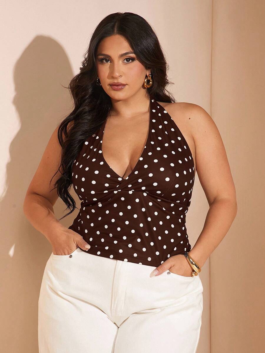 SHEIN BAE Casual Summer Black Polka Dot Printed Halter Neck Top, Suitable For Breakfast, Outings, Dates, Commuting, Cruise Outfits, Ibiza Outfits