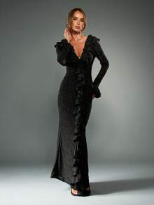 MISSGUIDED 优雅 V 领喇叭袖荷叶边长裙哥特式维多利亚长袖黑色正式晚礼服复古风格特殊场合礼服 - 黑色 - 查看 1