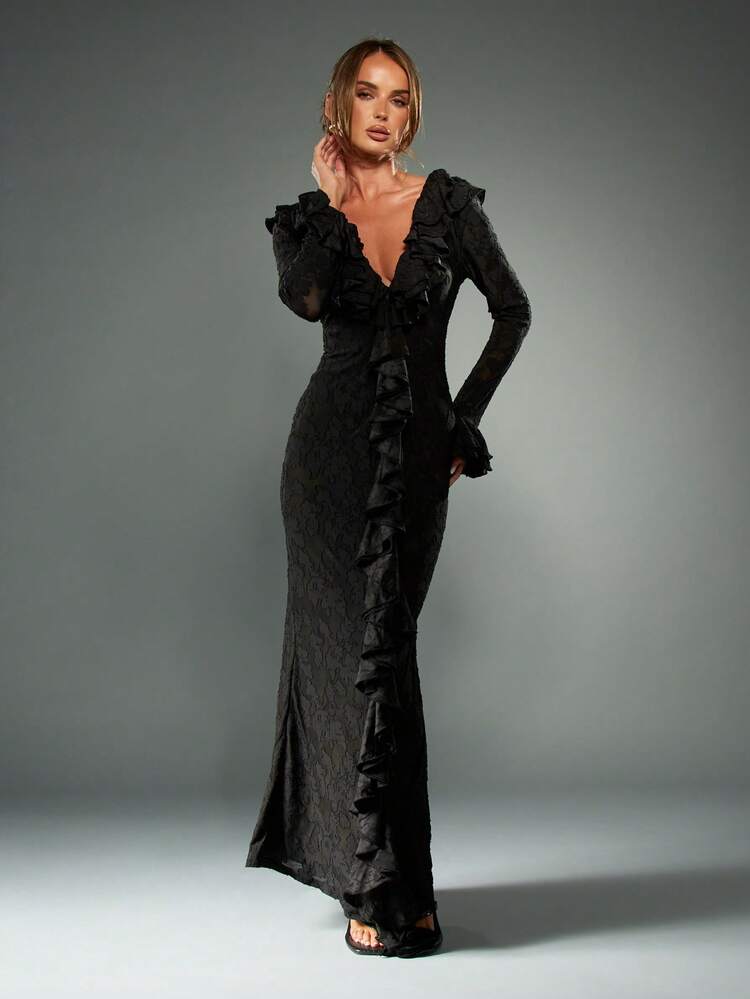 MISSGUIDED フレアスリーブ Vネック マキシドレス（フリル付き