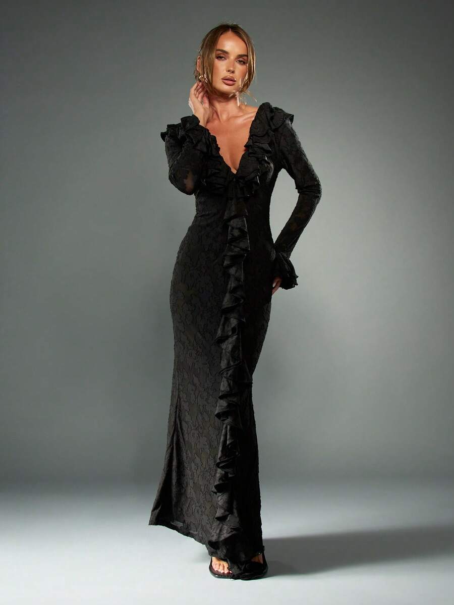 MISSGUIDED 优雅 V 领喇叭袖荷叶边长裙哥特式维多利亚长袖黑色正式晚礼服复古风格特殊场合礼服 - 黑色 - 查看 1