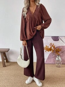 EMERY ROSE 2 piezas Conjunto de top de manga larga con cuello en V profundo y volantes y pantalones rectos de tela texturizada marrón, adecuado para viajes, ir al trabajo, estilo occidental, otoño/invierno de mujeres - Marrón - Ver 5