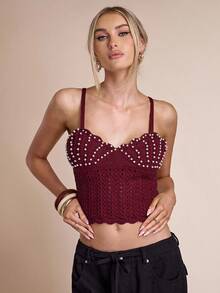 SHEIN BAE Women's Faux Pearl Strap Hollow Design Cropped Knit Top - Burgundy - View 4