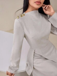 Veilorie Bộ 2 món áo sơ mi xẻ tà màu trơn thanh lịch dành cho nữ đi làm và chân váy dài - Màu Xám nhạt - Xem 8