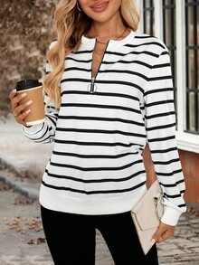 EMERY ROSE 女士休闲条纹半拉链长袖卫衣，秋季女士休闲外出上衣 - 彩色 - 查看 4