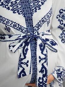 Momance 优雅V领女式印花长袖系腰连衣裙 - 藍色 - 查看 6