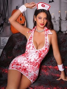 Fantasy Costume Fantasy Costume 4pcs Red & White Blood Bride Print Contrast Color Deep V-Neck Dress Nurse Costume, Women's Lingerie Cosplay For Halloween, Sexy Roleplay - Red and White - View 4