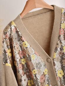 Elaquor Plus Size Women Floral Pattern Drop Shoulder Long Sleeve Casual Knit Cardigan, Autumn/Winter