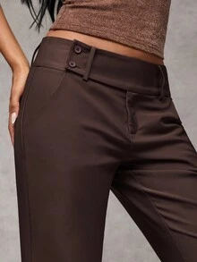 SHEIN BAE 女士时尚休闲复古口袋喇叭裤 - 咖啡棕 - 查看 7