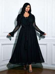 Viva Relle Plus Size Fashion Ruffle Trim Long Sleeve Tie Waist Dress - Black - View 3