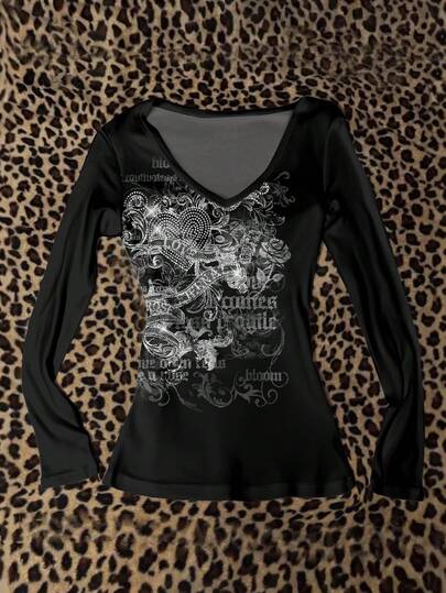 Attitoon Punk Wing, Heart & Cross Pattern V-Neck Long Sleeve T-Shirt, Suitable For Women, Halloween, Y2K Style, Streetwear, Vintage, Back To School, Retro, Fall, Vacation, Casual Outfits, Autumn/Winter, Hip-Hop, Style Core Aesthetics, Gothic, Cybergoth Goth Tops Goth Women Clothes Gothic Shirts Goth Shirt Women Long Sleeve