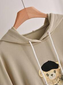 CosyJoli Plus Size Women's Khaki Cute Hooded Long Sleeve Sweatshirt,Fashion Bear Embroidery Graphic Design,Casual Back-To-School Graduation Fall/Winter - Apricot - View 3