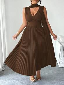 Elenzga 加大码 V 领拼接雪纺蝙蝠袖仿腰褶皱 A 字下摆休闲优雅连衣裙，适合外出、聚会、度假 - 棕色 - 查看 4