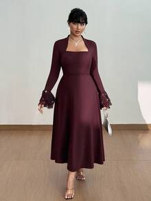 Viva Relle Plus Size Elegant Organza Pearl Knitted A-Line Long Dress, Autumn/Winter - Burgundy - View 2