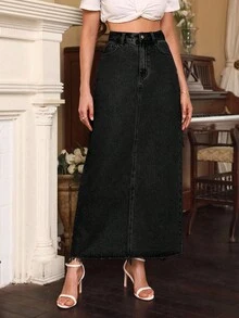 Selenza Women's High Waist Pocketed Long Casual Denim Midi Skirt - Black - View 3