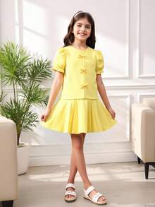 SHEIN Tween Girl Solid Color Puff Sleeve Bow Pleated Hem Dress,Holiday,Summer,Travel