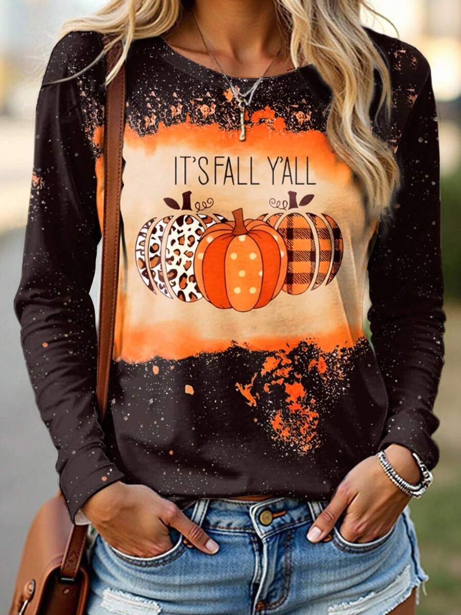 INAWLY 大码万圣节南瓜数码印花长袖T恤，秋季上衣 - 彩色 - 查看 1