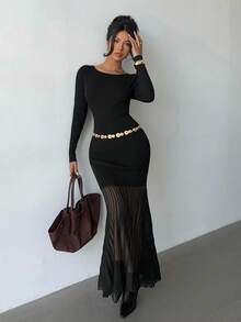 Elenzga Women's Elegant Fitted Boat Neck Organza Patchwork Hem Sweater Dress - Black - View 3