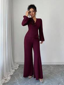 Elenzga Women's Elegant Burgundy Crossover Tie-Waist Floral Patchwork French Chic A-Line Long Sleeve Blouse And Flared Pants 2 Pieces Set, Spring/Autumn - Burgundy - View 4