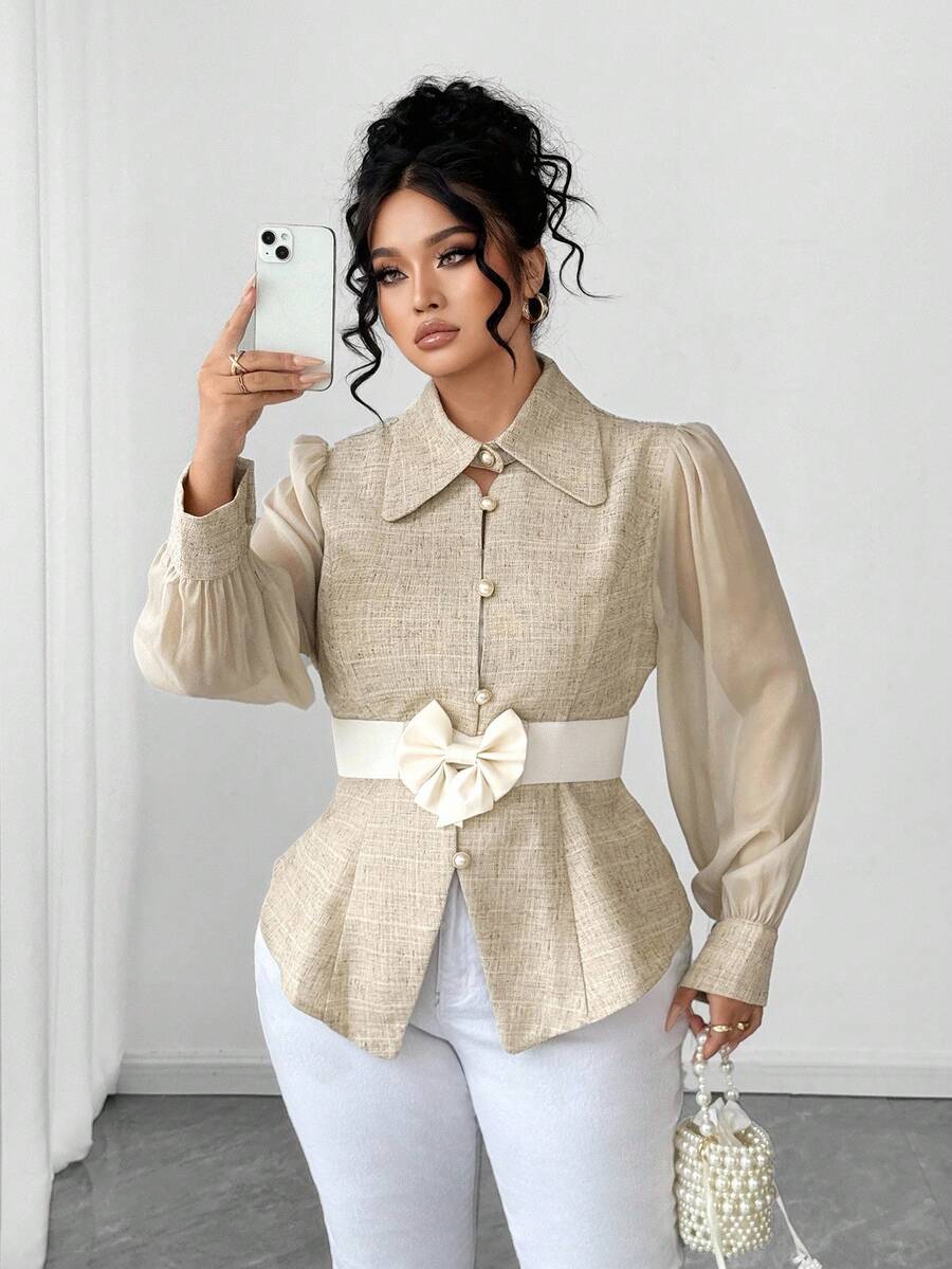 Elenzga Plus Size Women Fashion Elegant Waist Cinched Mesh Patchwork Slim Fit Blouse - Khaki - View 1