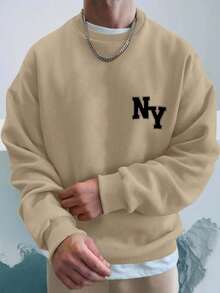 EURMUSE Cotton Men Letter Graphic Drop Shoulder Sweatshirt Without Tee - Beige - View 5