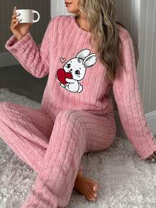 EURMUSE Women 2 Pcs Fuzzy Pelush With Cute Rabbit Embroidery Detail Homewear Pajama Set - Pink - View 4