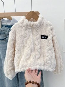 SHEIN 女童休闲半拉链立领抓绒卫衣，带贴布，纯杏色，秋冬季，返校季抓绒套头衫，秋冬款 - 杏色 - 查看 4