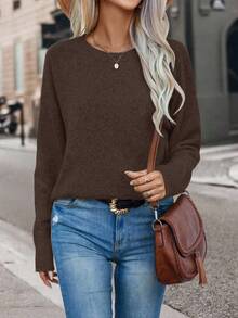 EMERY ROSE Suéter holgado de manga larga y unicolor casual para mujer - Marrón Mocha - Ver 4