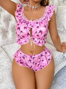 SHEIN 2件套女士蝴蝶印花拼布荷叶边系带性感内衣套装 - 粉色 - 查看 5